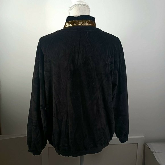 Vintage SK Sport Velour Jacket Medium Black -70s -Gold Greek Accent -Zip Up - Picture 3 of 14